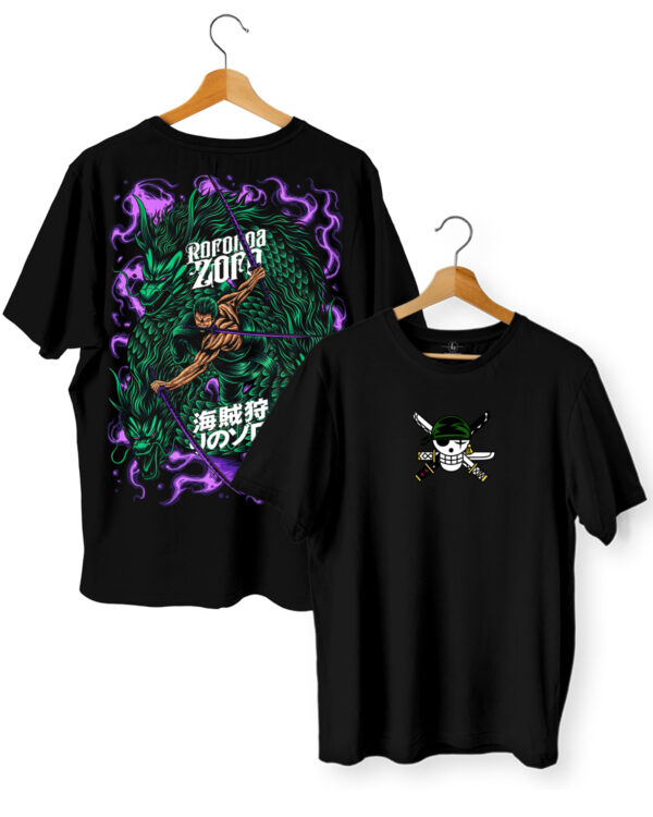 One Piece Roronoa Zoro T-shirt | Dragon Aura Anime Design | Pirate Hunter Zoro Cotton T-shirt | Black Regular Fit